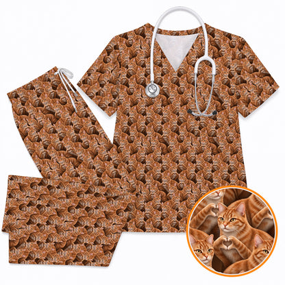 Orange Tabby Cat Pattern Scrub Top, Ginger Cat Nurse Scrubs For Cat Lover, Breathable Fabrics Nursing Uniform