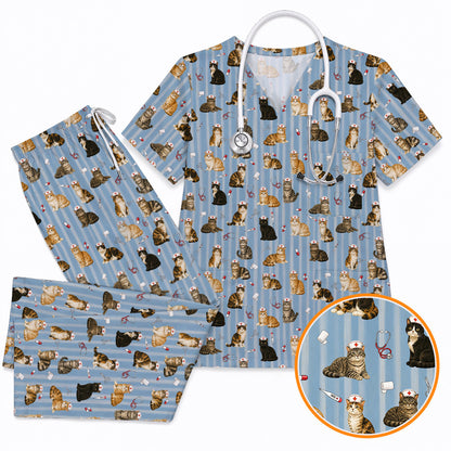 Nurse Cat Scrub Top, Cat Lover Medical Nurse Uniform for Veterinary & Healthcare Workers, Comfortable Feline Nursing Scrubs