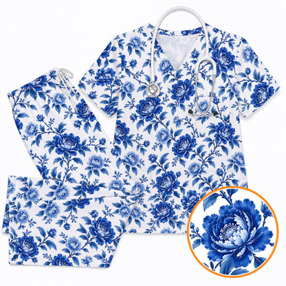 Peony Floral Scrub Top for Women, Elegant Peony Nurse Scrub Shirt, Floral Nursing Uniform For Healthcare Workers