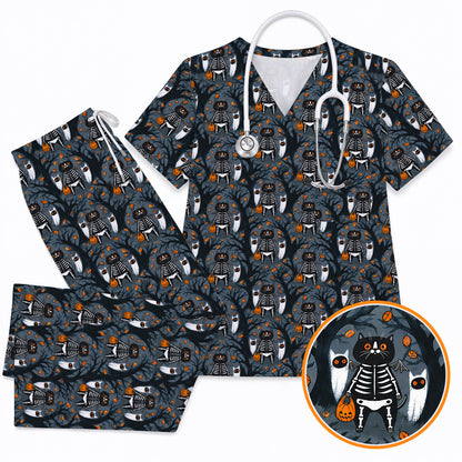 Skeleton Cat Halloween Scrub Top, Spooky Black Cat Nurse Scrubs, Halloween Medical Uniform