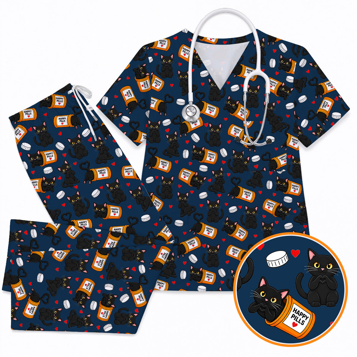 Black Cat Happy Pills Nurse Scrub Top, Funny Pharmacy Cat Scrubs for Nurses, Cute Medical Nursing Uniform Gift
