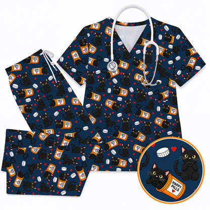 Black Cat Happy Pills Nurse Scrub Top, Funny Pharmacy Cat Scrubs for Nurses, Cute Medical Nursing Uniform Gift