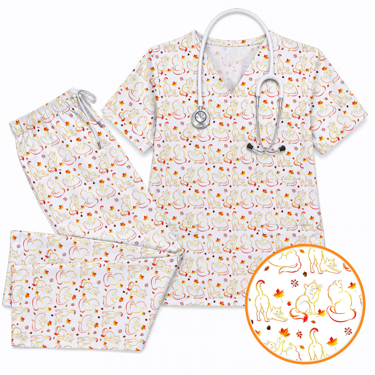 Autumn Black Cat Scrub Top, Fall Cat Nursing Uniform for Cat Lovers, Comfortable Feline Medical Scrubs For Nurse