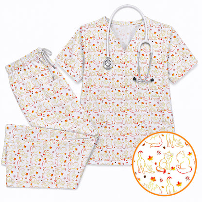 Autumn Black Cat Scrub Top, Fall Cat Nursing Uniform for Cat Lovers, Comfortable Feline Medical Scrubs For Nurse