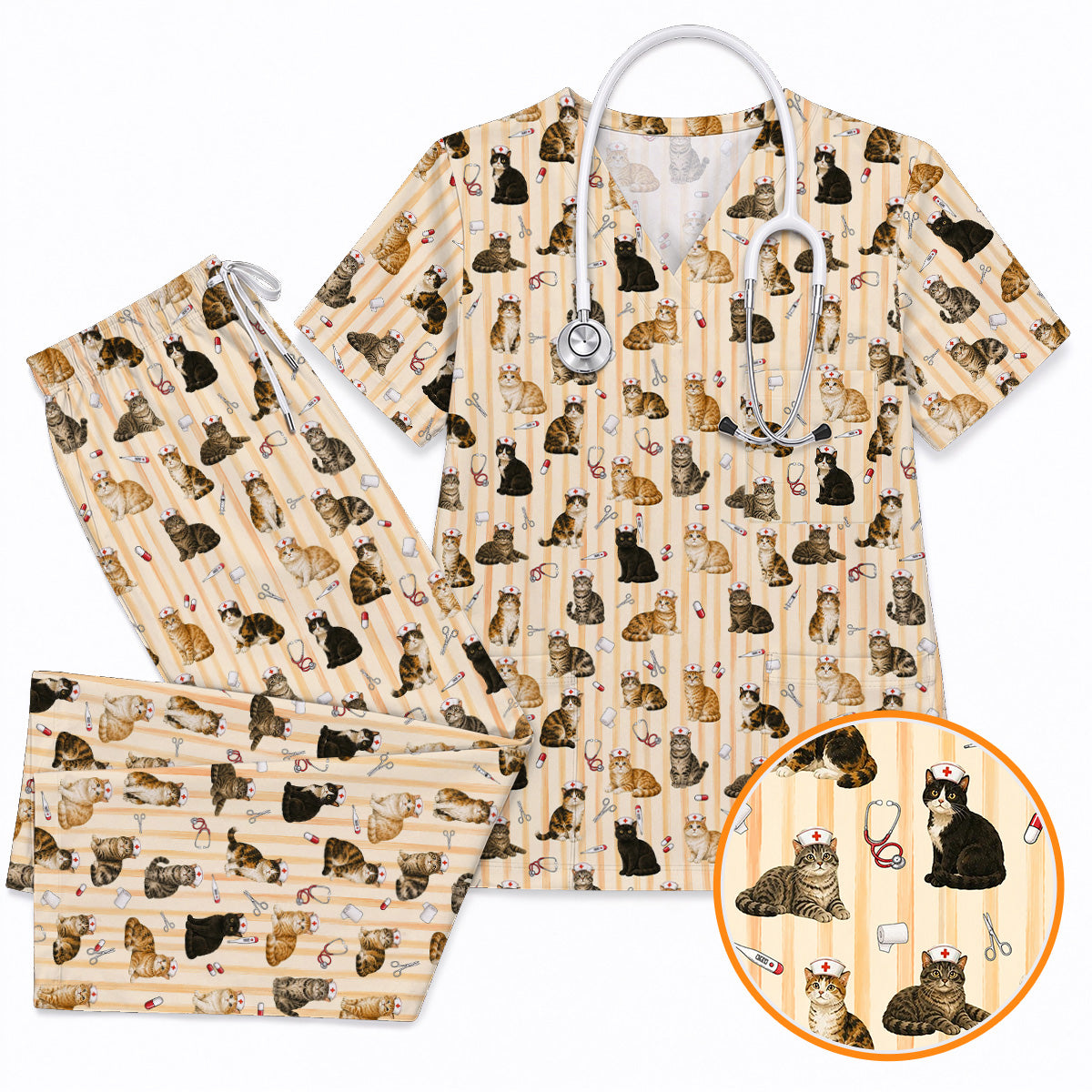 Nurse Cat Scrub Top, Cat Lover Medical Nurse Uniform for Veterinary & Healthcare Workers, Comfortable Feline Nursing Scrubs