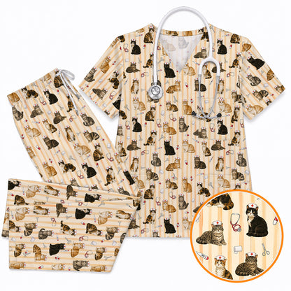 Nurse Cat Scrub Top, Cat Lover Medical Nurse Uniform for Veterinary & Healthcare Workers, Comfortable Feline Nursing Scrubs