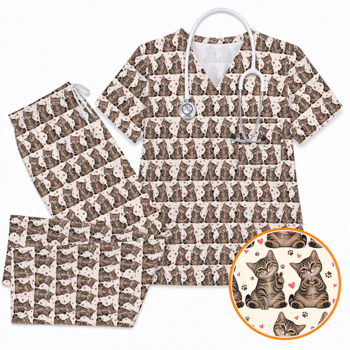 Cute Tabby Cat Pattern Scrub Top, Heart Paw Cat Nurse Scrubs, Breathable Fabrics Nursing Uniform
