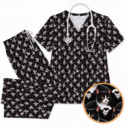 Tuxedo Cat Pattern Scrub Top, Black And White Cat Nurse Scrubs, Breathable Fabrics Nursing Uniform