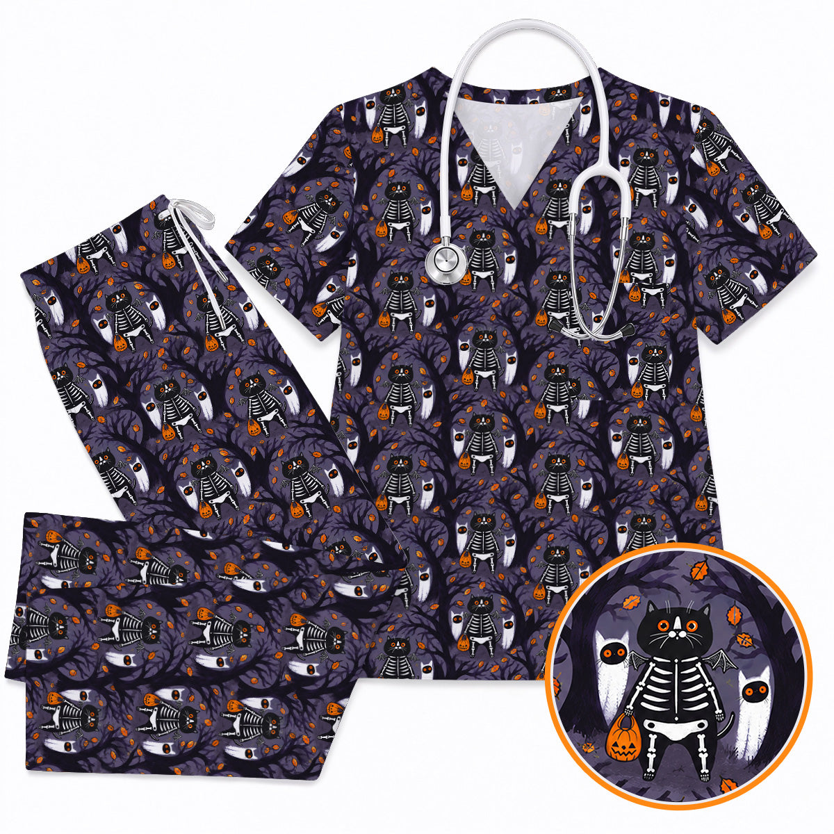 Skeleton Cat Halloween Scrub Top, Spooky Black Cat Nurse Scrubs, Halloween Medical Uniform