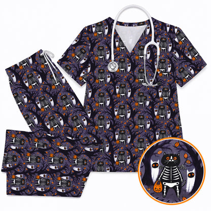 Skeleton Cat Halloween Scrub Top, Spooky Black Cat Nurse Scrubs, Halloween Medical Uniform