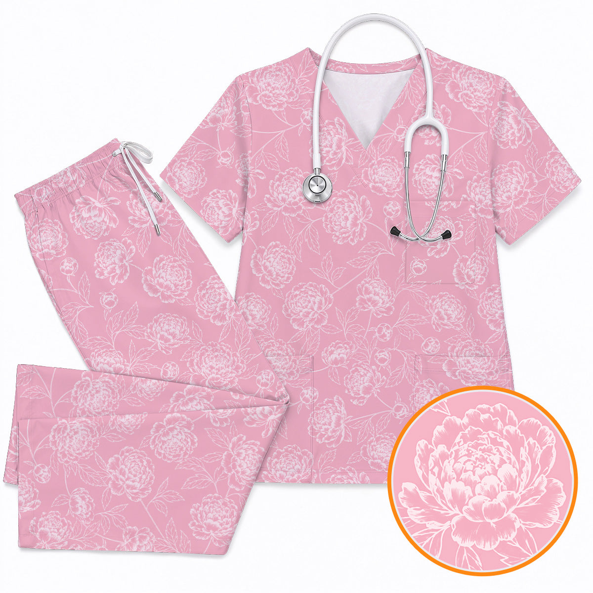 Peony Floral Pattern Scrub Top, Pink Peony Nurse Scrubs, Floral Nursing Uniform