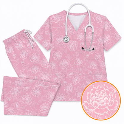 Peony Floral Pattern Scrub Top, Pink Peony Nurse Scrubs, Floral Nursing Uniform