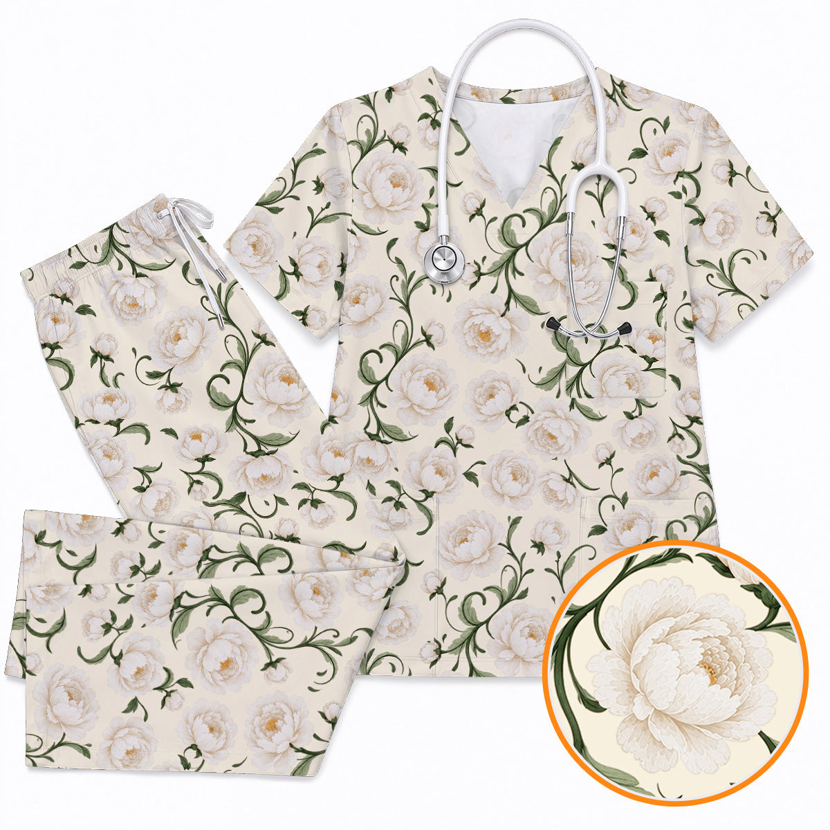 Peony Floral Pattern Scrub Top, Crazy Pink Peony Nurse Scrubs, Breathable Fabrics Nursing Uniform