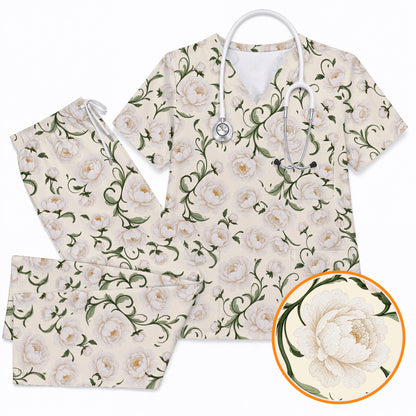 Peony Floral Pattern Scrub Top, Crazy Pink Peony Nurse Scrubs, Breathable Fabrics Nursing Uniform