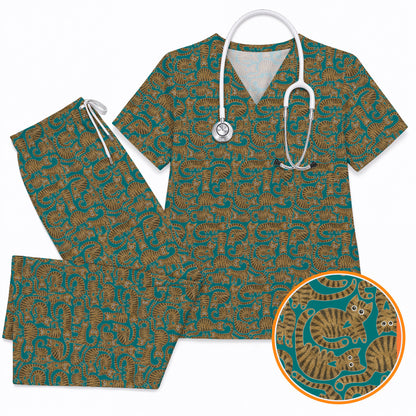Cute Tabby Cat Pattern Scrub Top, Brown Tabby Cat Nursing Uniform for Cat Lovers, Comfortable Feline Scrubs for Nurses
