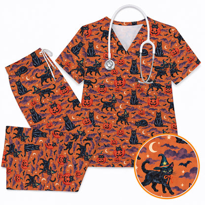 Black Cat Halloween Scrub Top, Witchy Pumpkin Nurse Scrubs, Spooky Season Healthcare Uniform