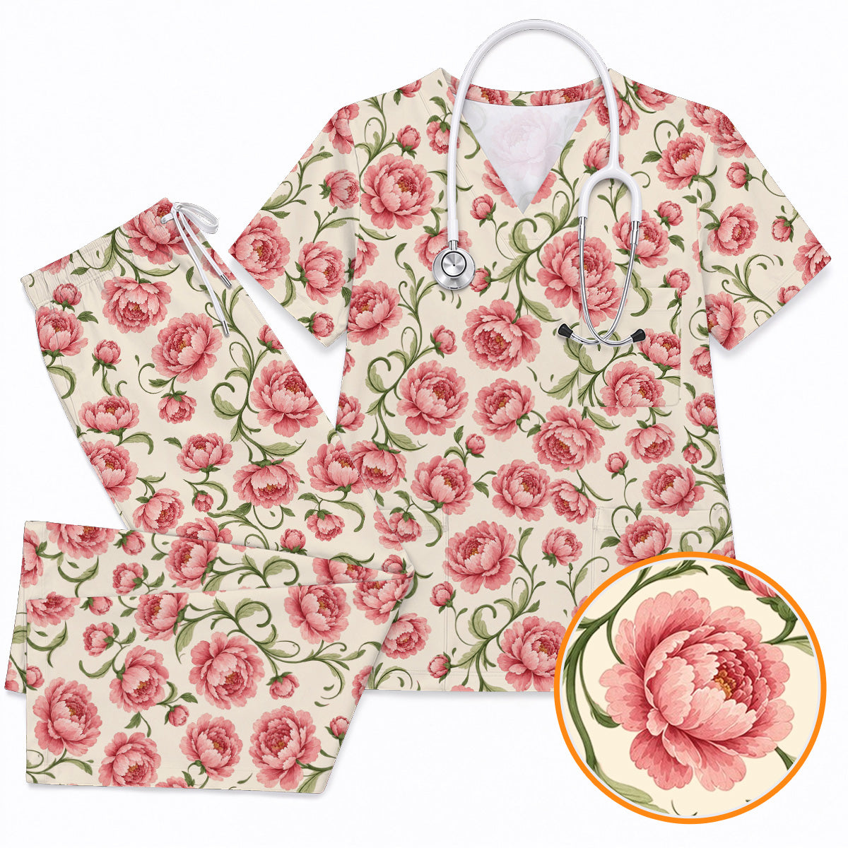 Peony Floral Pattern Scrub Top, Crazy Pink Peony Nurse Scrubs, Breathable Fabrics Nursing Uniform