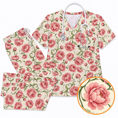 Peony Floral Pattern Scrub Top, Crazy Pink Peony Nurse Scrubs, Breathable Fabrics Nursing Uniform