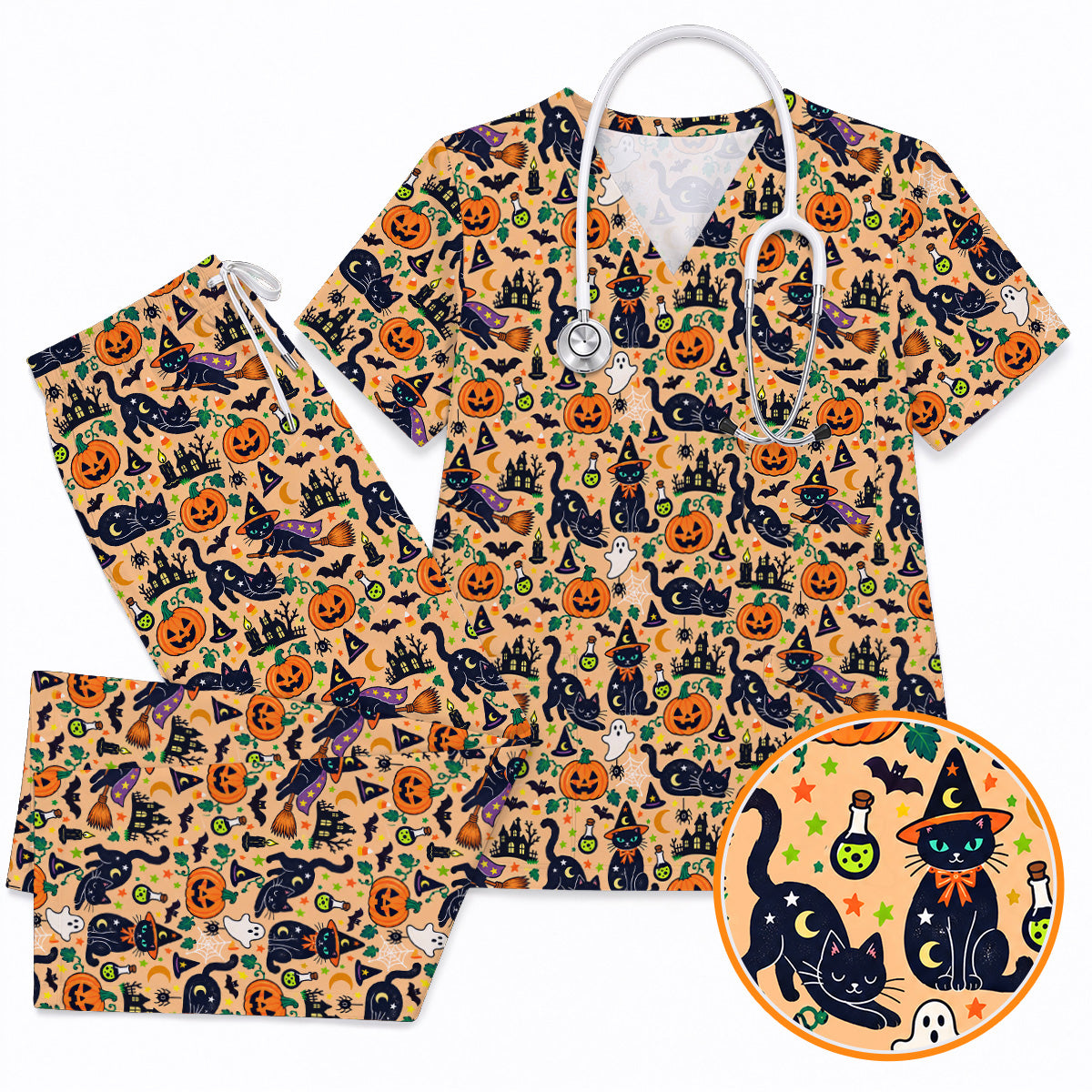 Black Cat Witch Halloween Scrub Top, Spooky Pumpkin Nurse Scrubs, Halloween Medical Uniform