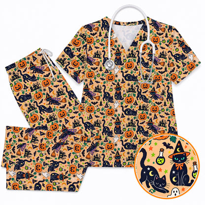 Black Cat Witch Halloween Scrub Top, Spooky Pumpkin Nurse Scrubs, Halloween Medical Uniform