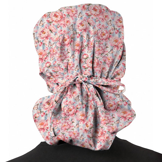 Watercolor Peony Scrub Caps For Women, Pink Peony Butterfly Nurse Cap, Floral Nursing Headwear for Healthcare Workers