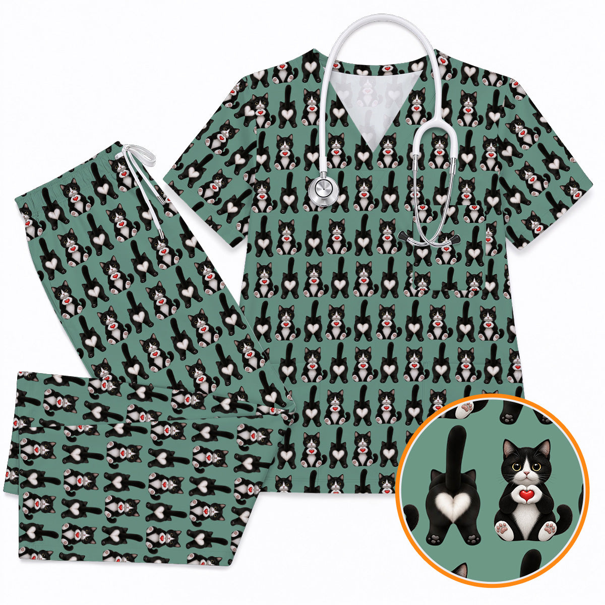 Funny Tuxedo Cat Pattern Scrub Top, Cute Cat Nurse Scrubs, Breathable Fabrics Nursing Uniform