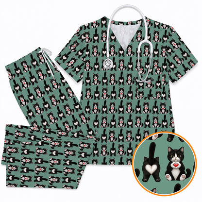 Funny Tuxedo Cat Pattern Scrub Top, Cute Cat Nurse Scrubs, Breathable Fabrics Nursing Uniform