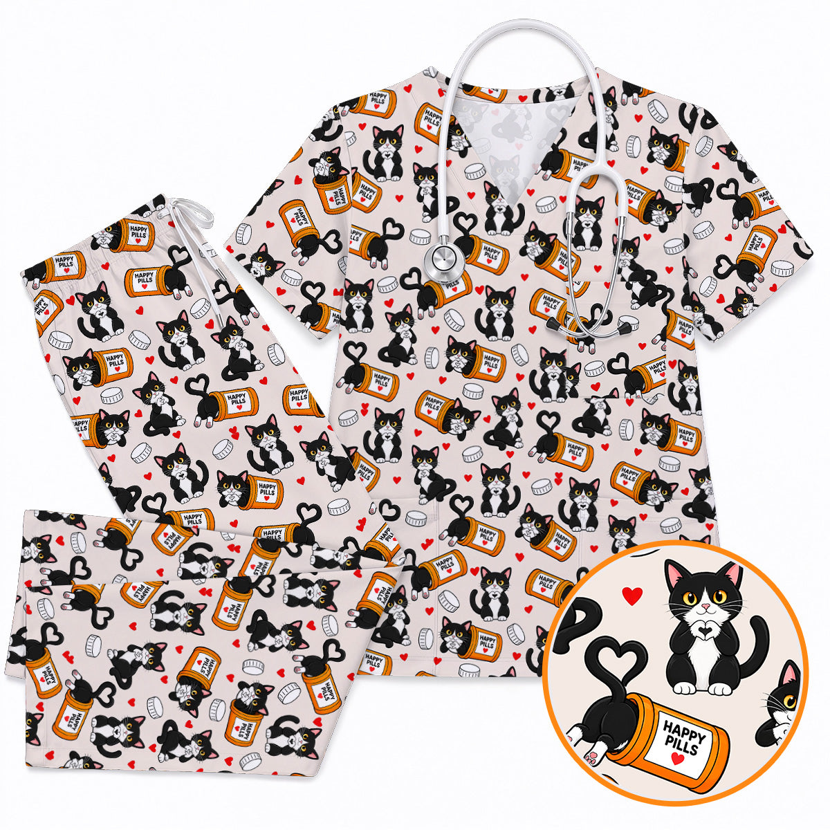Cute Cat Nurse Scrub Top, Funny Happy Pills Medical Scrubs, Cat Lover Healthcare Uniform