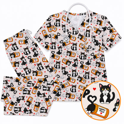 Cute Cat Nurse Scrub Top, Funny Happy Pills Medical Scrubs, Cat Lover Healthcare Uniform