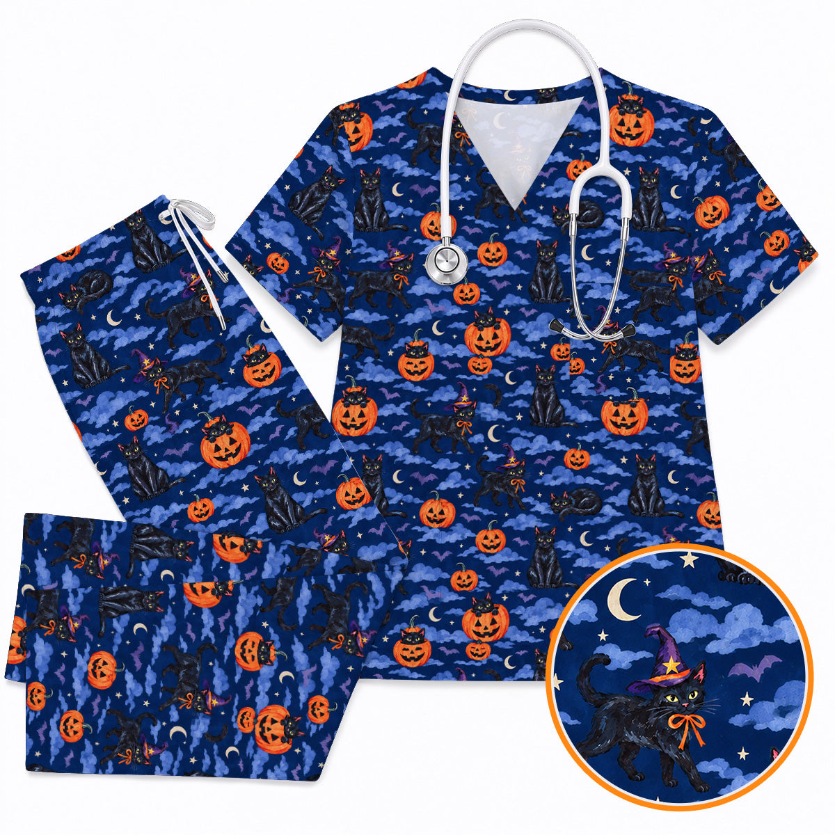 Black Cat Halloween Scrub Top, Witchy Pumpkin Nurse Scrubs, Spooky Season Healthcare Uniform