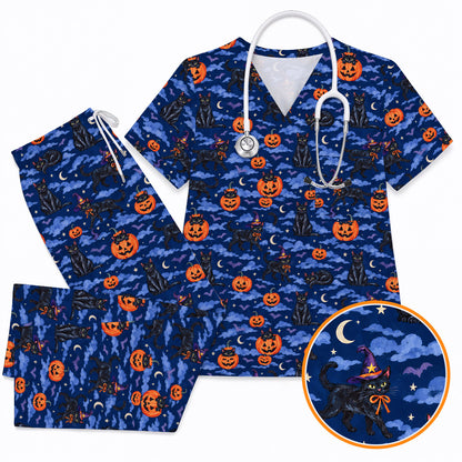 Black Cat Halloween Scrub Top, Witchy Pumpkin Nurse Scrubs, Spooky Season Healthcare Uniform