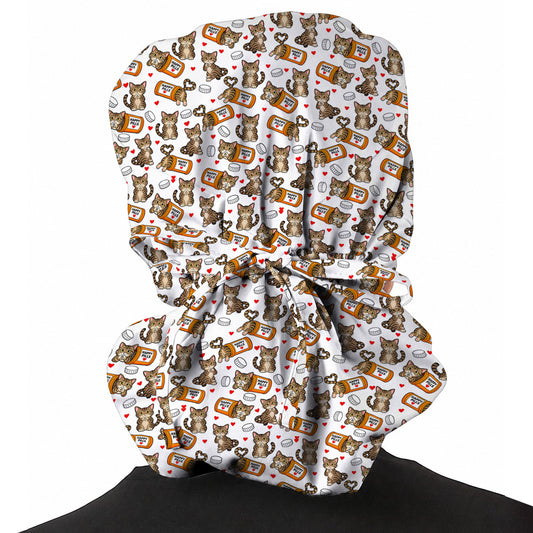 Tabby Cat Nurse Scrub Caps, Happy Pills Medical Headwear, Cute Cat Lover Healthcare Cap