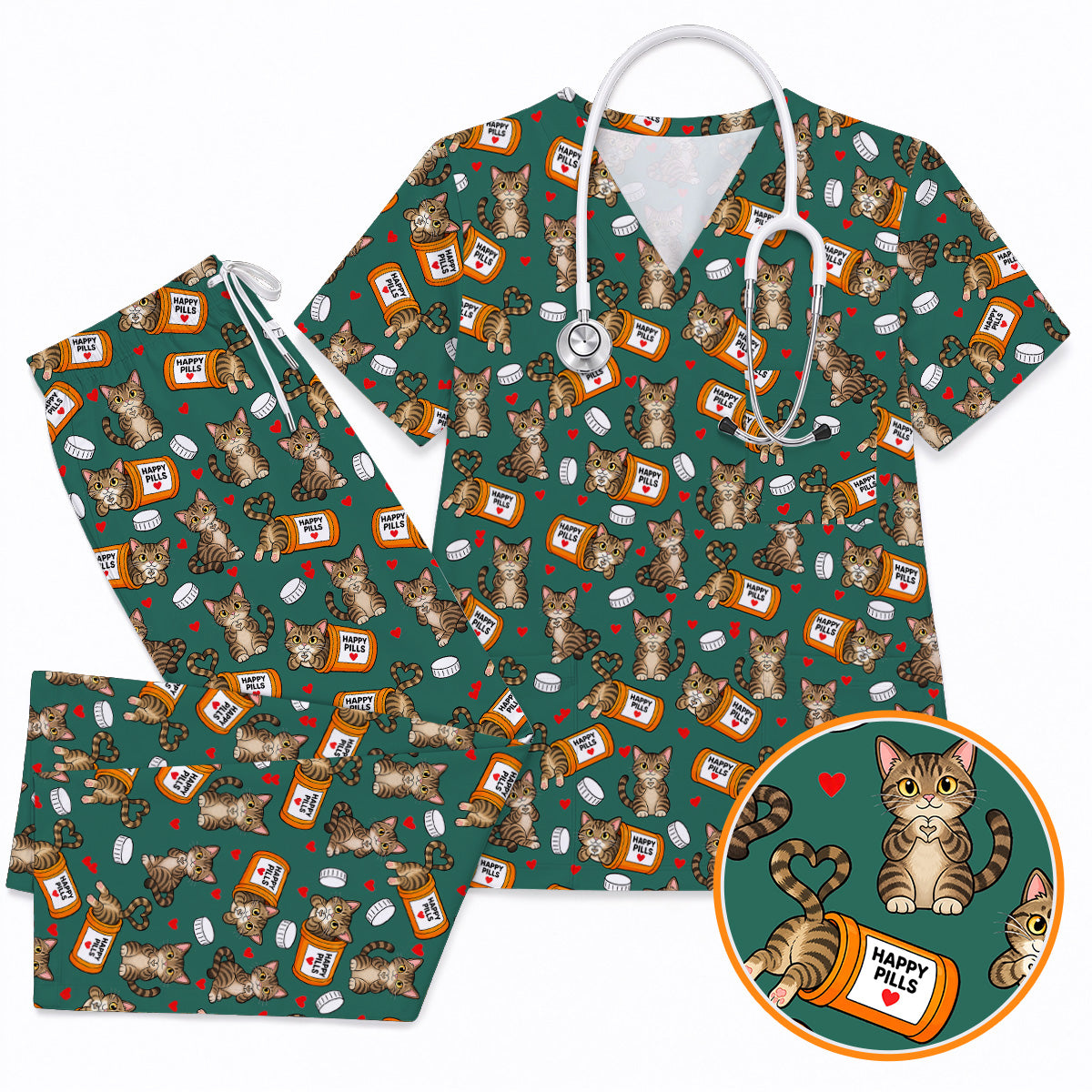 Tabby Cat Nurse Scrub Top, Happy Pills Medical Scrubs, Cute Cat Lover Healthcare Uniform