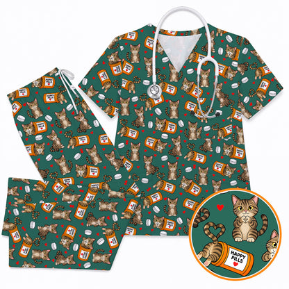 Tabby Cat Nurse Scrub Top, Happy Pills Medical Scrubs, Cute Cat Lover Healthcare Uniform