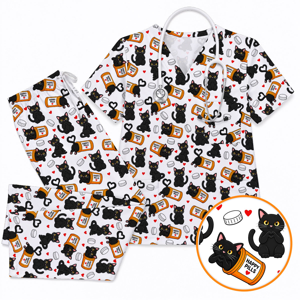 Black Cat Happy Pills Nurse Scrub Top, Funny Pharmacy Cat Scrubs for Nurses, Cute Medical Nursing Uniform Gift