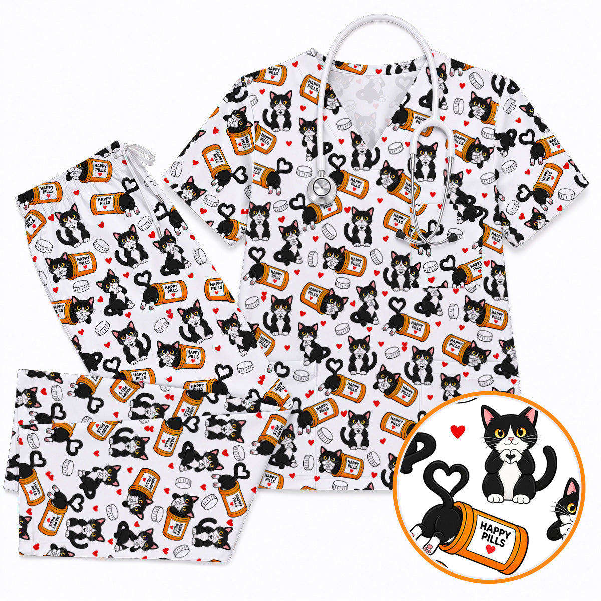 Cute Cat Nurse Scrub Top, Funny Happy Pills Medical Scrubs, Cat Lover Healthcare Uniform