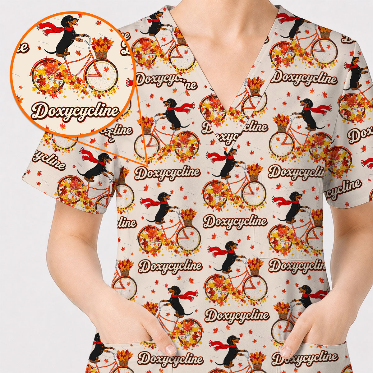 Autumn Dachshund Scrub Top, Cute Wiener Dog Fall Nursing Uniform, Breathable Veterinary Scrub Shirt