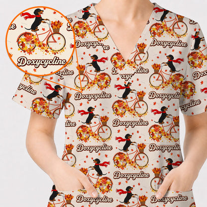 Autumn Dachshund Scrub Top, Cute Wiener Dog Fall Nursing Uniform, Breathable Veterinary Scrub Shirt