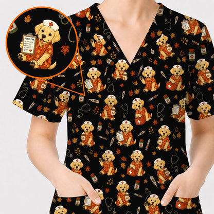 Autumn Labrador Retriever Scrub Top, Fall Dog Nursing Uniform for Veterinary Professionals, Cozy Autumn Nurse Scrubs for Dog Lovers