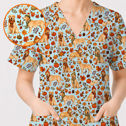Labrador Retriever Nurse Scrub Top, Funny Autumn Lab Dog Medical Scrubs for Veterinary & Healthcare Staff, Breathable Fabrics Nursing Uniform