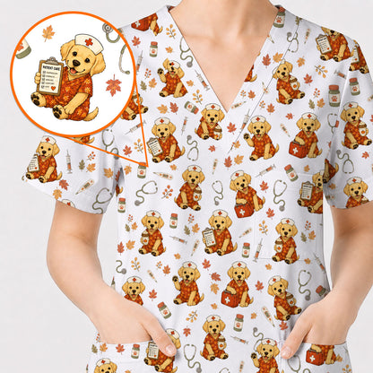 Autumn Labrador Retriever Scrub Top, Fall Dog Nursing Uniform for Veterinary Professionals, Cozy Autumn Nurse Scrubs for Dog Lovers
