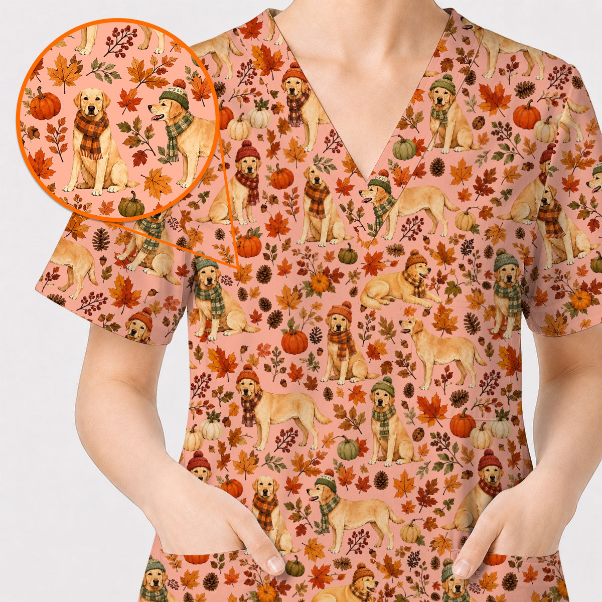Labrador Retriever Nurse Scrub Top, Funny Autumn Lab Dog Medical Scrubs for Veterinary & Healthcare Staff, Breathable Fabrics Nursing Uniform