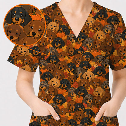 Funny Autumn Dachshund Scrub Top, Fall Wiener Dog Nurse Scrubs for Dog Lovers, Comfortable Uniform for Nurses