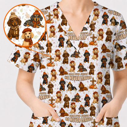 Autumn Dachshund Scrub Top, Wiener Dog Fall Nursing Uniform for Dog Lovers, Comfortable Scrubs for Nurses