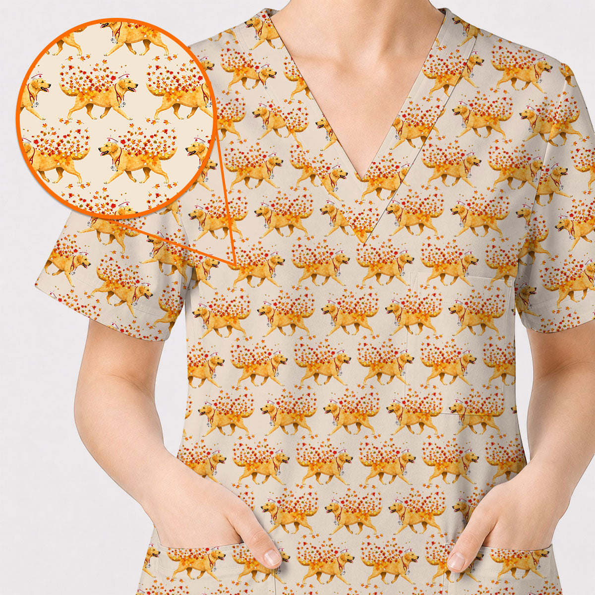 Autumn Labrador Retriever Nurse Scrub Top, Funny Fall Lab Dog Medical Uniform for Veterinary & Healthcare Staff, Comfortable Scrubs for Nurses
