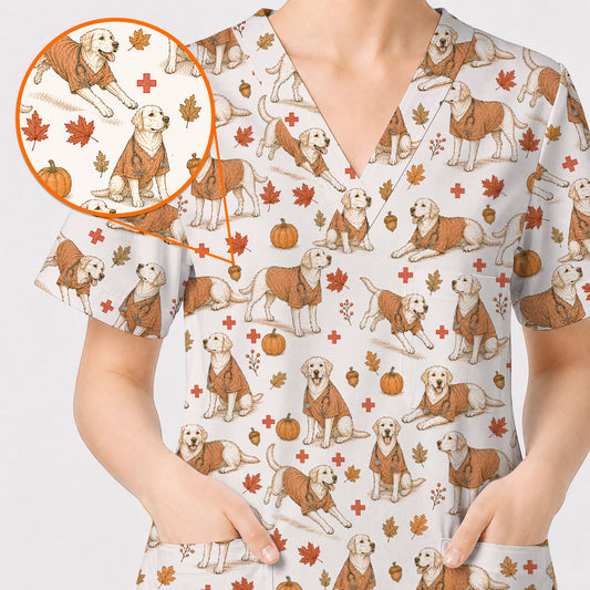 Fall Labrador Retriever Scrub Top, Autumn Labrador Nursing Uniform for Healthcare Workers, Comfortable Scrubs for Nurses