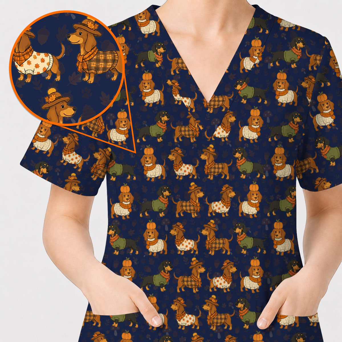 Autumn Dachshund Scrub Top, Cute Fall Wiener Dog Nursing Scrubs for Dog Lovers, Breathable Fabrics Nursing Uniform