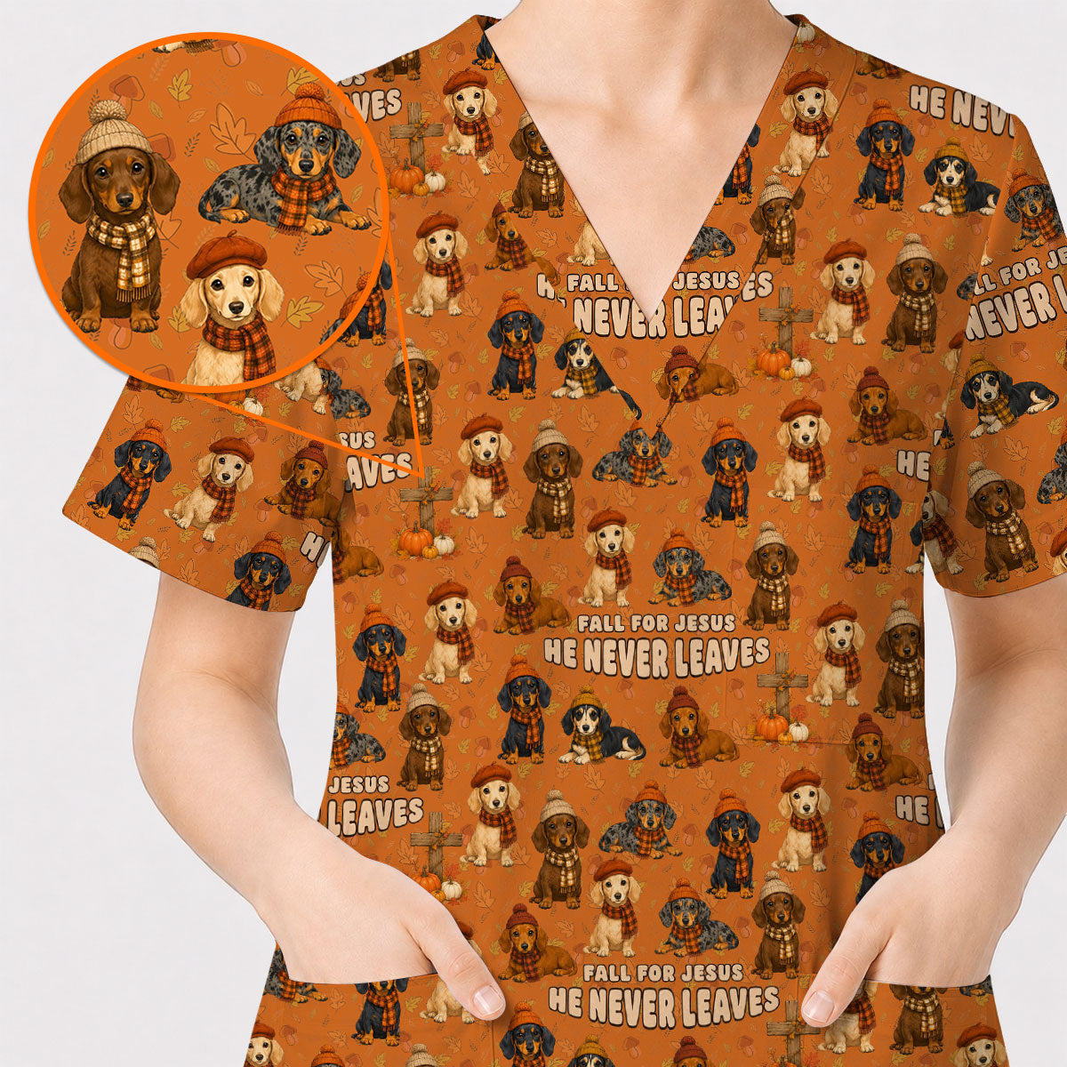 Autumn Dachshund Scrub Top, Wiener Dog Fall Nursing Uniform for Dog Lovers, Comfortable Scrubs for Nurses
