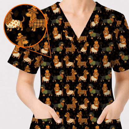 Autumn Dachshund Scrub Top, Cute Fall Wiener Dog Nursing Scrubs for Dog Lovers, Breathable Fabrics Nursing Uniform