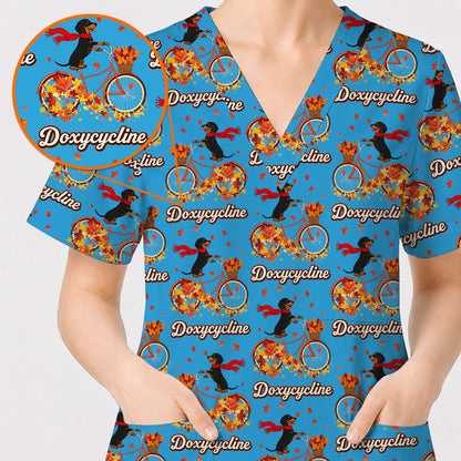 Autumn Dachshund Scrub Top, Cute Wiener Dog Fall Nursing Uniform, Breathable Veterinary Scrub Shirt
